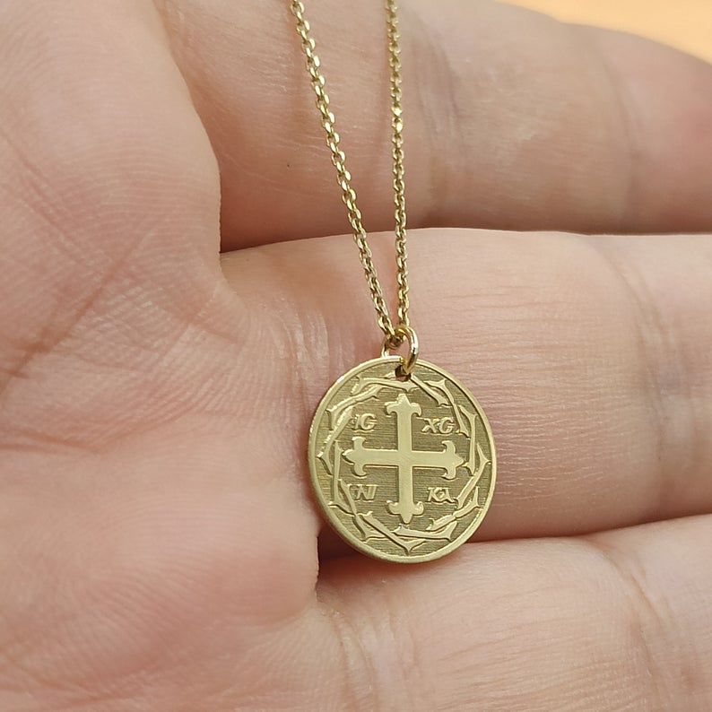 Aion Anhänger Münze Coin Byzantinischer Gold 585 14K Kreuz mit ICXC NIKA